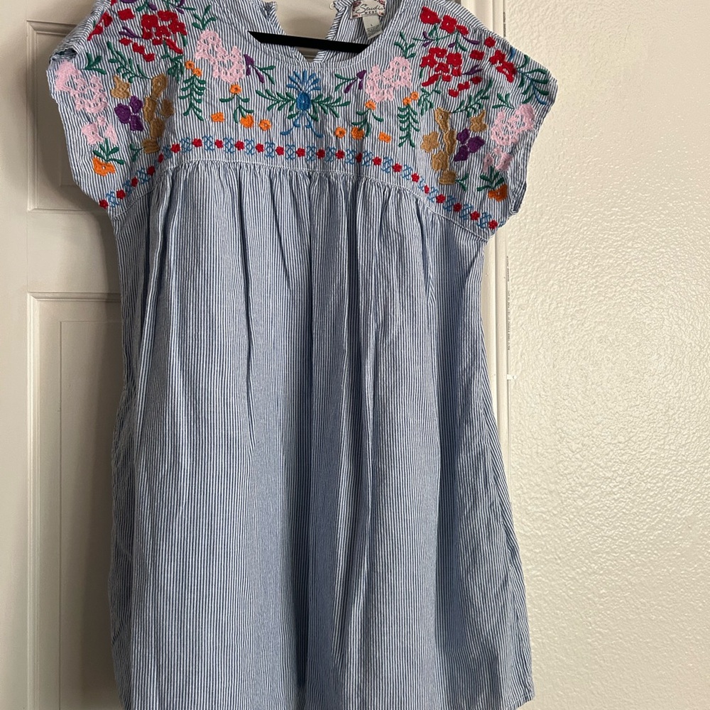 Studio West Blue Striped Dress with Floral Embroidery